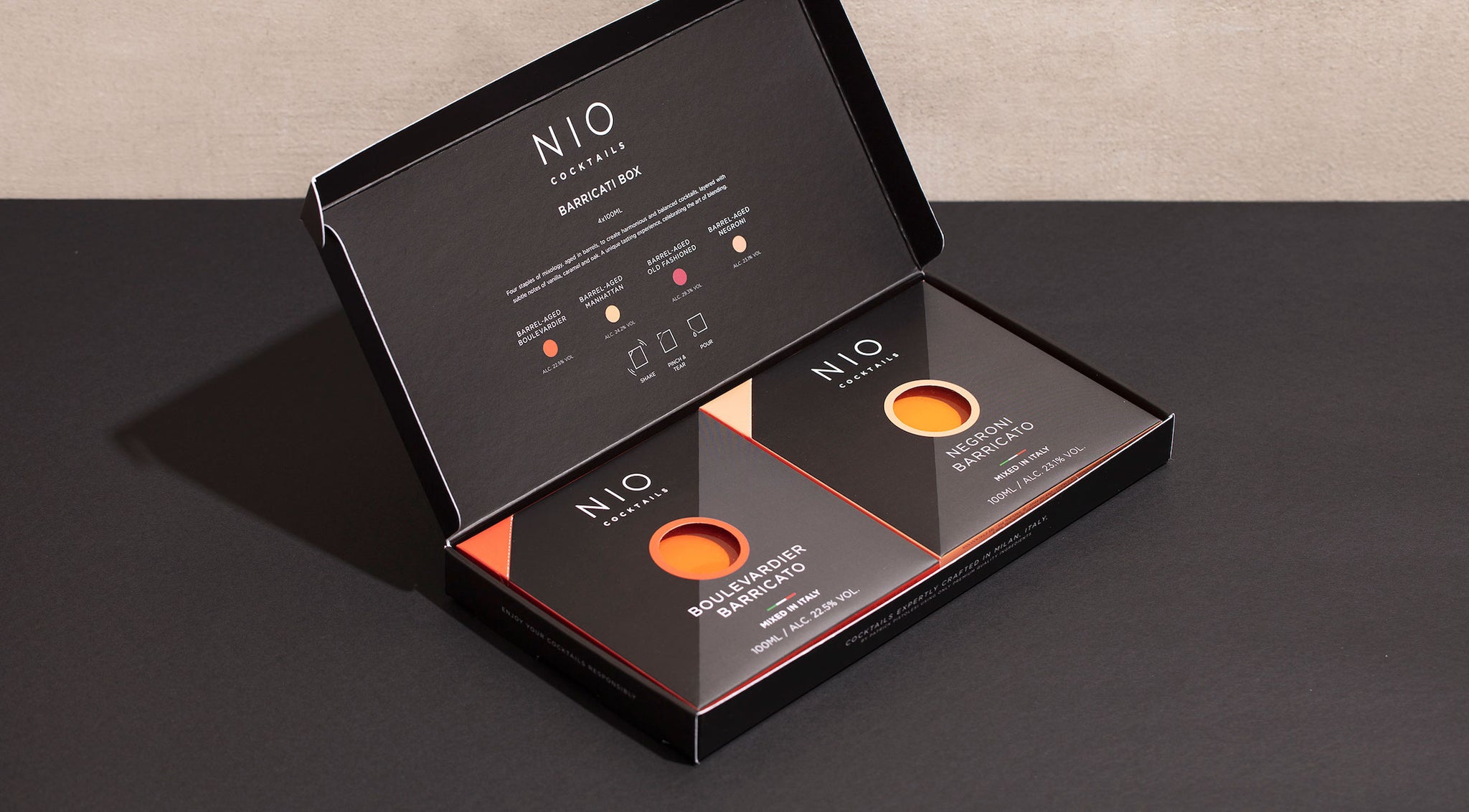 NIO Cocktails Barricati Box: 4 Säulen der Mixologie im Barrique gereift