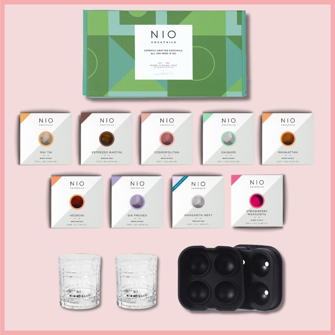 „SERVE THE MOMENT“ SET: 9 COCKTAILS + 2 GLÄSER + EISWÜRFELFORM
